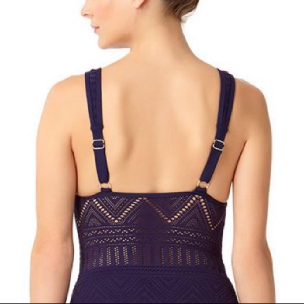 Anne Cole Crochet V Neck Navy One Piece Swimsuit - Picture 2 of 2